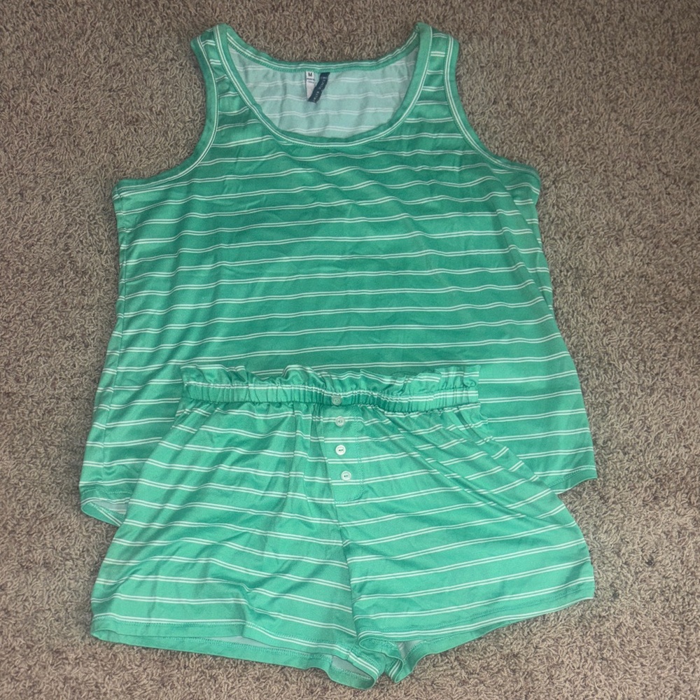 EUC Green Striped Tank Top and Shorts Pajama Set